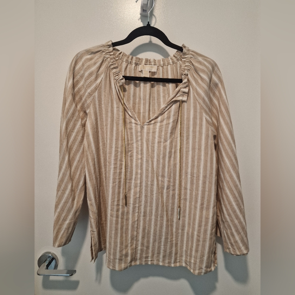 Michael KORS - Women’s Striped Peasant Blouse - Beige/White